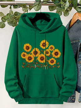 jkthpu-45 Plus Size, Women's Sunflower Print Hooded Sweatshirt -