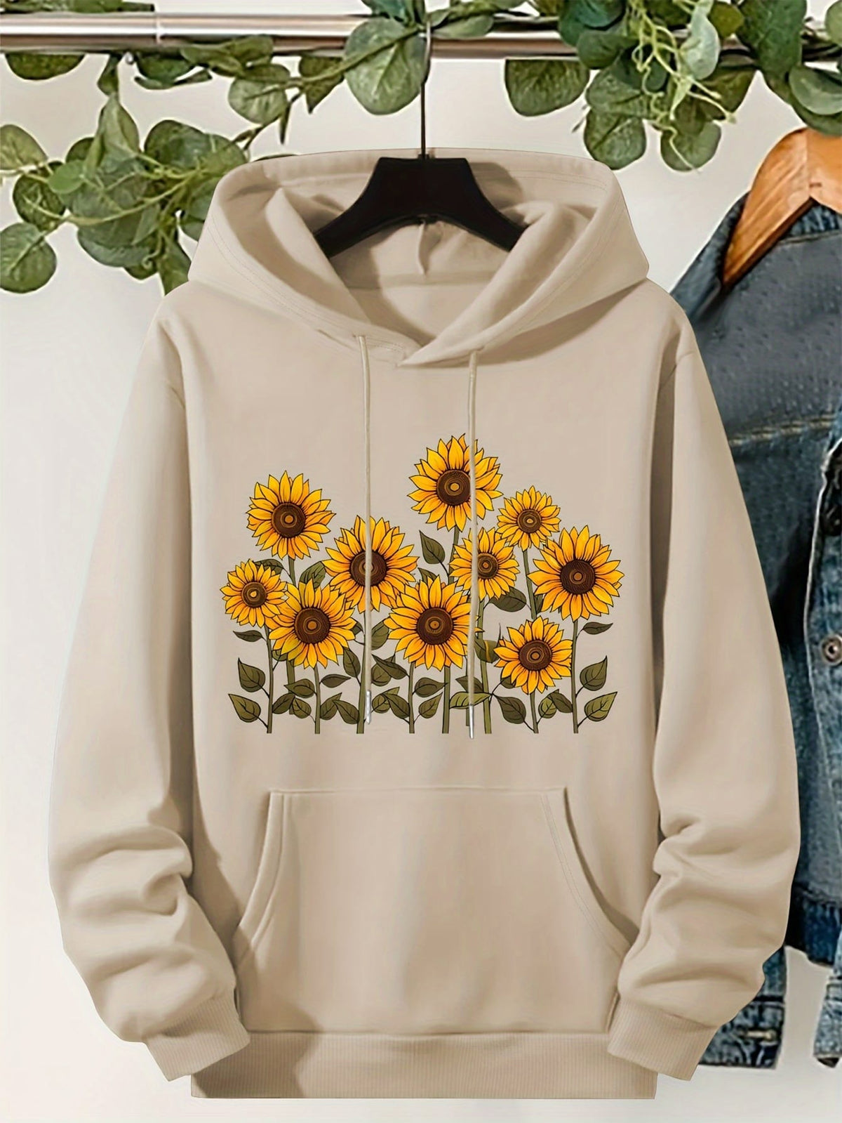 jkthpu-45 Plus Size, Women's Sunflower Print Hooded Sweatshirt -