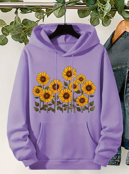 jkthpu-45 Plus Size, Women's Sunflower Print Hooded Sweatshirt -
