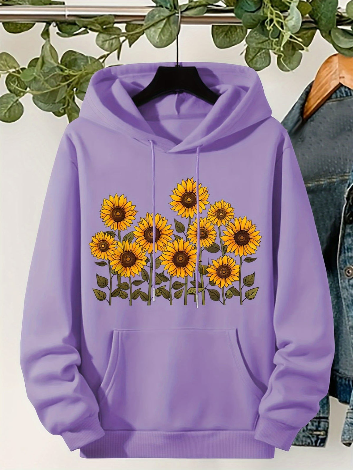 jkthpu-45 Plus Size, Women's Sunflower Print Hooded Sweatshirt -
