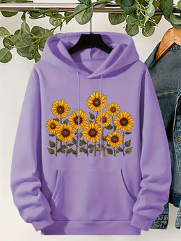 jkthpu-45 Plus Size, Women's Sunflower Print Hooded Sweatshirt -