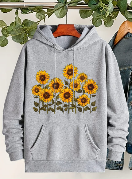 jkthpu-45 Plus Size, Women's Sunflower Print Hooded Sweatshirt -