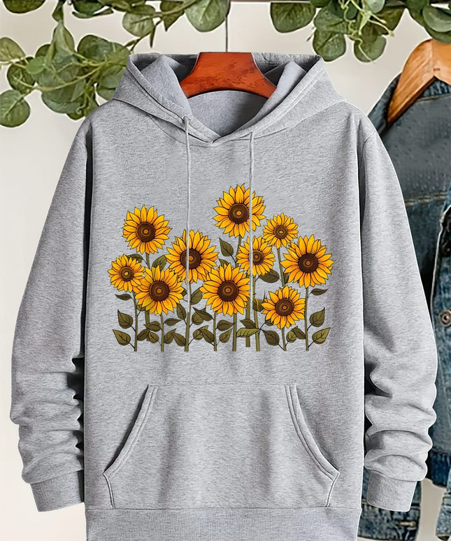 jkthpu-45 Plus Size, Women's Sunflower Print Hooded Sweatshirt -