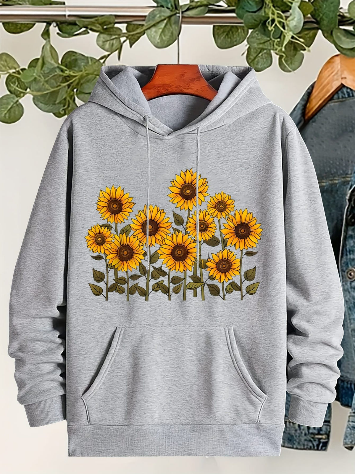 jkthpu-45 Plus Size, Women's Sunflower Print Hooded Sweatshirt -
