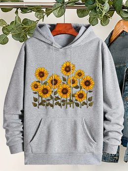 jkthpu-45 Plus Size, Women's Sunflower Print Hooded Sweatshirt -