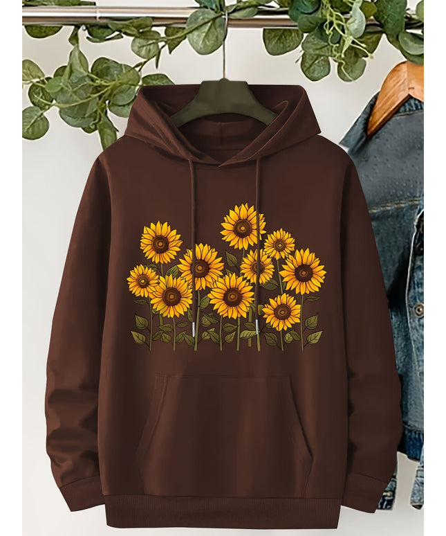 jkthpu-45 Plus Size, Women's Sunflower Print Hooded Sweatshirt -