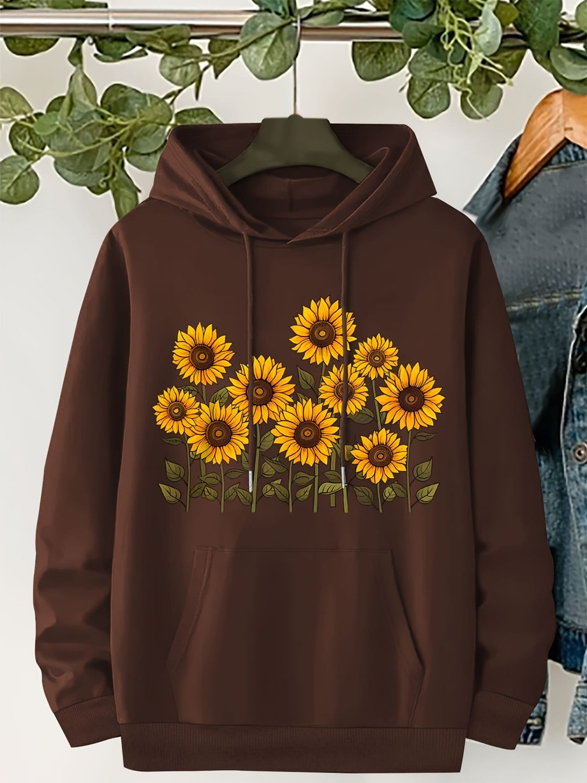 jkthpu-45 Plus Size, Women's Sunflower Print Hooded Sweatshirt -