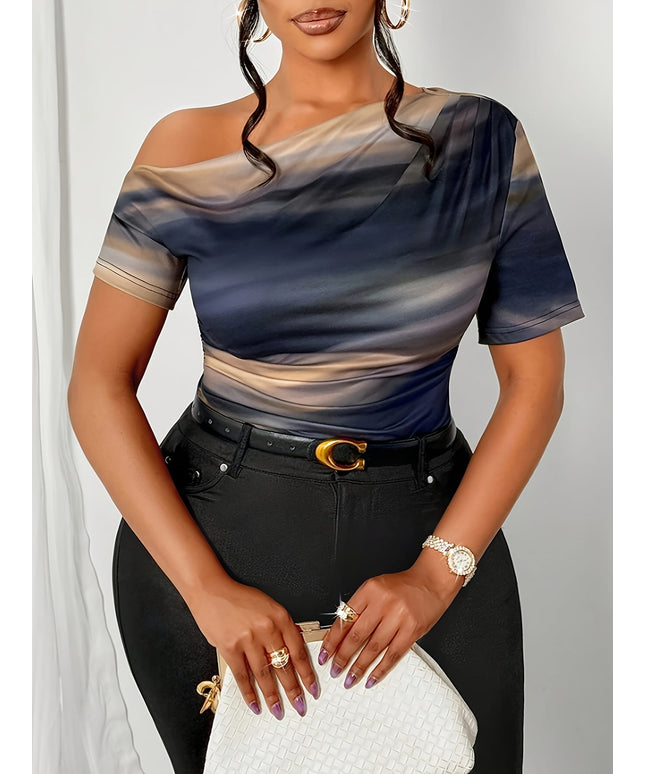 jkthpu-45 Plus Size - Women'S Tie-Dye Asymmetrical Neck Ruched Short Sleeve T-Shirt - Elegant Summer Casual Top with Random Pattern, Breathable Stretch Fabric, Perfect for Casual Attire, Short Sleeve Blouse