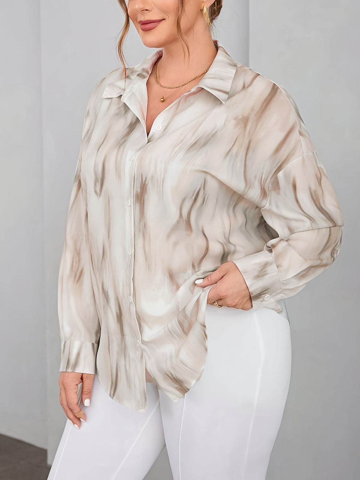 KissICON Plus Size - Women'S Tie-Dye Off-Shoulder Blouse - Lightweight Viscose Fabric, Long Sleeve, Button-Up Shirt with Lapel Collar, Perfect for Spring/Summer/Fall, Casual to Formal Wear, Casual Summer Top | Casual Style | Viscose F