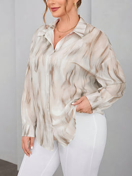 KissICON Plus Size - Women'S Tie-Dye Off-Shoulder Blouse - Lightweight Viscose Fabric, Long Sleeve, Button-Up Shirt with Lapel Collar, Perfect for Spring/Summer/Fall, Casual to Formal Wear, Casual Summer Top | Casual Style | Viscose F