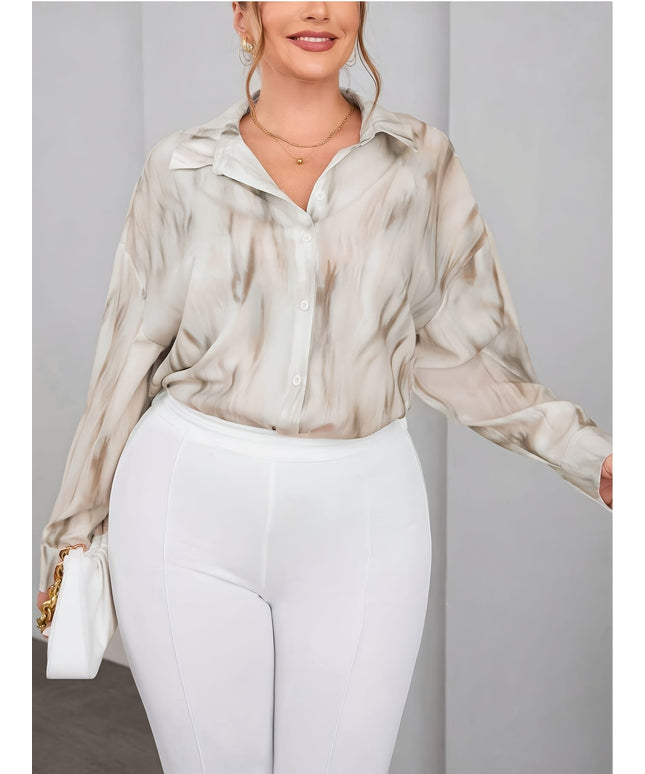 KissICON Plus Size - Women'S Tie-Dye Off-Shoulder Blouse - Lightweight Viscose Fabric, Long Sleeve, Button-Up Shirt with Lapel Collar, Perfect for Spring/Summer/Fall, Casual to Formal Wear, Casual Summer Top | Casual Style | Viscose F