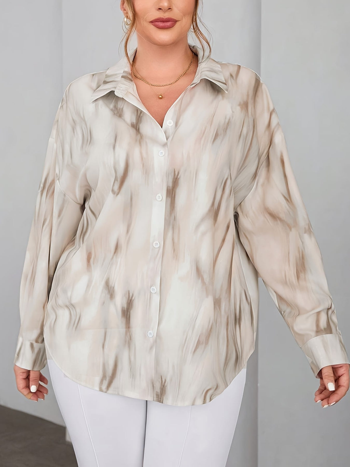 KissICON Plus Size - Women'S Tie-Dye Off-Shoulder Blouse - Lightweight Viscose Fabric, Long Sleeve, Button-Up Shirt with Lapel Collar, Perfect for Spring/Summer/Fall, Casual to Formal Wear, Casual Summer Top | Casual Style | Viscose F