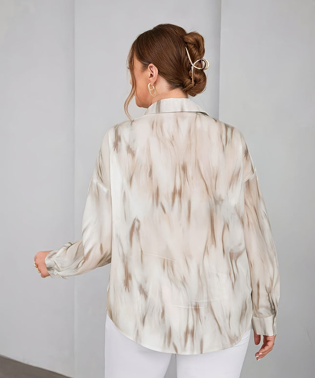 KissICON Plus Size - Women'S Tie-Dye Off-Shoulder Blouse - Lightweight Viscose Fabric, Long Sleeve, Button-Up Shirt with Lapel Collar, Perfect for Spring/Summer/Fall, Casual to Formal Wear, Casual Summer Top | Casual Style | Viscose F