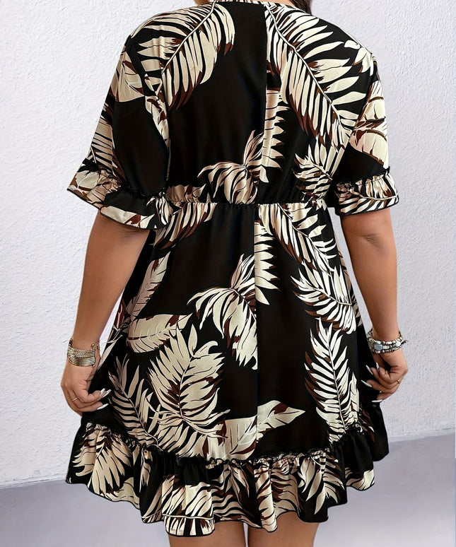 jkthpu-45 Plus Size Women's Tropical Print V-Neck Dress with Ruffled Short Sleeves & Elasticated Waist - Knee-Length Machine Washable Casual Vacation Dress for Spring Summer Outings, Cute Summer Dresses