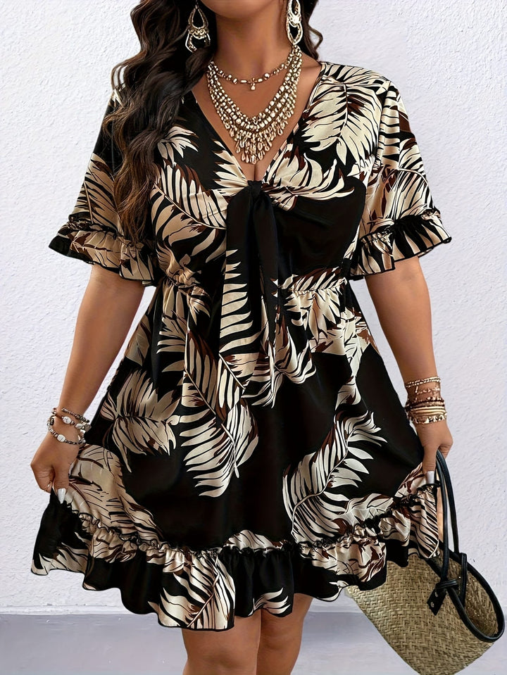 Plus Size Women's Tropical Print V-Neck Dress with Ruffled Short Sleeves & Elasticated Waist - Knee-Length Machine Washable Casual Vacation Dress for Spring Summer Outings, Cute Summer Dresses