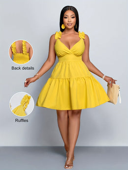 jkthpu-45 Plus Size Women's V-Neck Ruffled Shoulder Suspender Dress - Vibrant Yellow Casual Summer Dress with Layered Ruffles, Fitted Top & Flared Skirt, Machine Washable for Beach Vacations & Spring/Summer Outings, Dresses for Beach, Vacation Attire, Nontransparen
