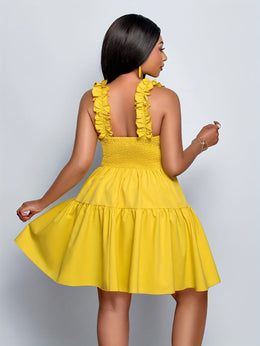 jkthpu-45 Plus Size Women's V-Neck Ruffled Shoulder Suspender Dress - Vibrant Yellow Casual Summer Dress with Layered Ruffles, Fitted Top & Flared Skirt, Machine Washable for Beach Vacations & Spring/Summer Outings, Dresses for Beach, Vacation Attire, Nontransparen