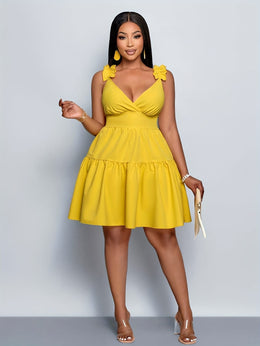 jkthpu-45 Plus Size Women's V-Neck Ruffled Shoulder Suspender Dress - Vibrant Yellow Casual Summer Dress with Layered Ruffles, Fitted Top & Flared Skirt, Machine Washable for Beach Vacations & Spring/Summer Outings, Dresses for Beach, Vacation Attire, Nontransparen