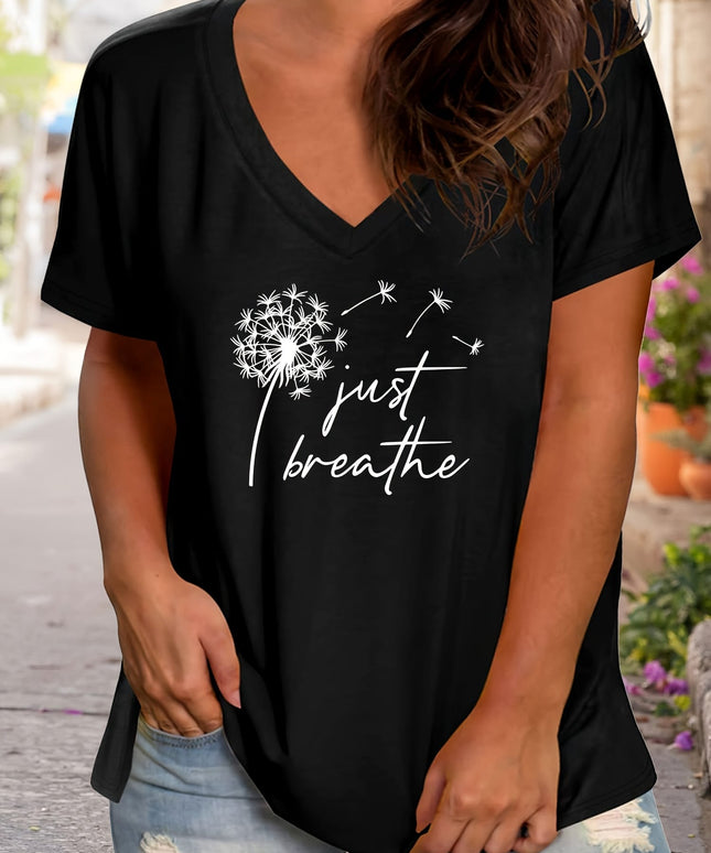 KissICON Plus Size Women's V Neck Short Sleeve T-shirt, Dandelion & Slogan Print Slight Stretch Casual