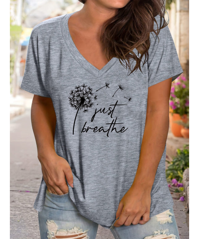KissICON Plus Size Women's V Neck Short Sleeve T-shirt, Dandelion & Slogan Print Slight Stretch Casual