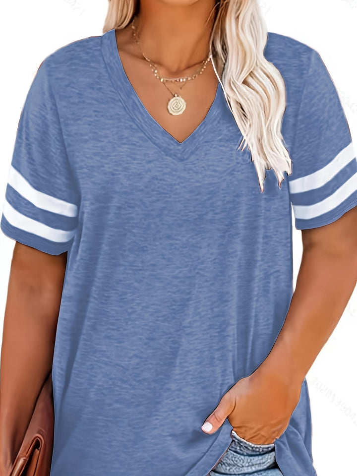 Plus Size Women's V-Neck Short Sleeve T-Shirt - Lightweight Stretchy Summer Tee with Random Print, Loose Casual Fit, Machine Washable, Sizes XL-5XL for Everyday & Office Wear, Versatile Clothing, Striped Print Shirt, Soft Fab