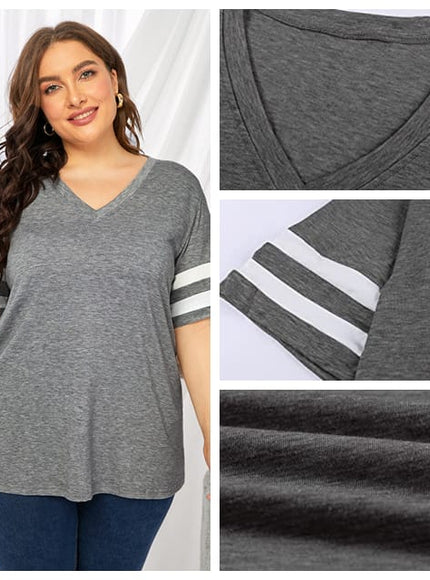 KissICON Plus Size Women's V-Neck Short Sleeve T-Shirt - Lightweight Stretchy Summer Tee with Random Print, Loose Casual Fit, Machine Washable, Sizes XL-5XL for Everyday & Office Wear, Versatile Clothing, Striped Print Shirt, Soft Fab