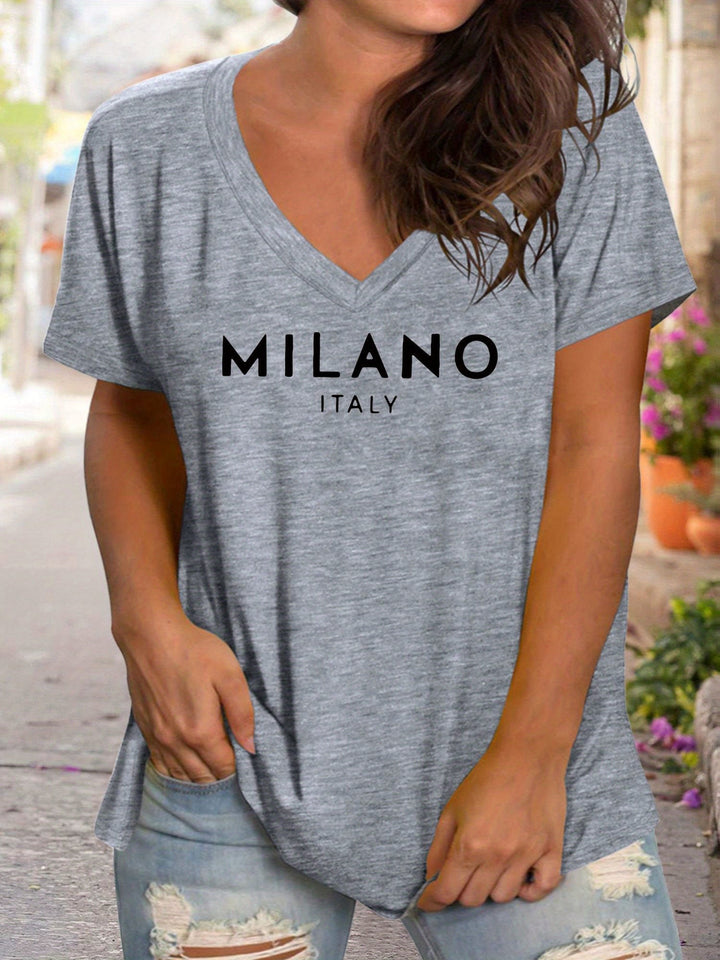 Plus Size Women's V-Neck Short Sleeve T-Shirt - Milano Italy Graphic Print Casual Comfort Fit, Breathable Fabric for Spring Summer Fall, Machine Washable Everyday Essential, Transitional Weather Clothing, Nontransparent Mater
