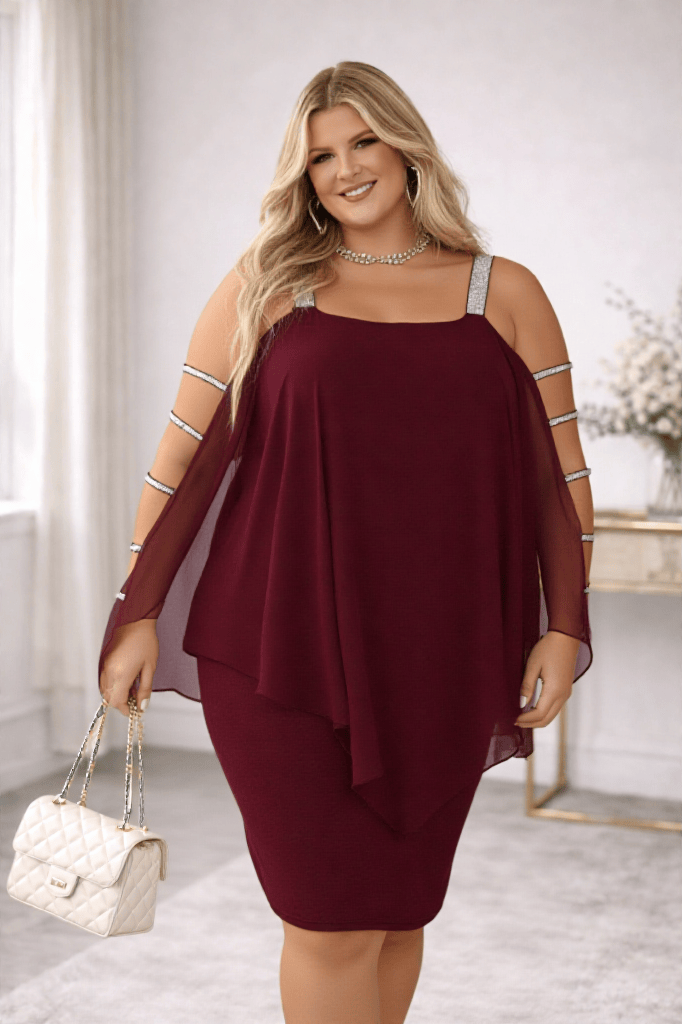 Plus Size Women Silver Camisole Patchwork Chiffon Dress