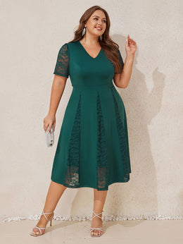 jkthpu-45 Plus Size Women V Neck Lace Patchwork Midi Dress Ladies Elegant Zipper A-line Ruffle Swing Cocktail Evening Prom Ball Gown Wedding Party Dress