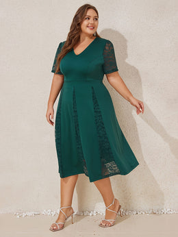 jkthpu-45 Plus Size Women V Neck Lace Patchwork Midi Dress Ladies Elegant Zipper A-line Ruffle Swing Cocktail Evening Prom Ball Gown Wedding Party Dress