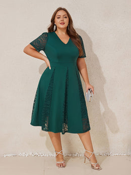 jkthpu-45 Plus Size Women V Neck Lace Patchwork Midi Dress Ladies Elegant Zipper A-line Ruffle Swing Cocktail Evening Prom Ball Gown Wedding Party Dress
