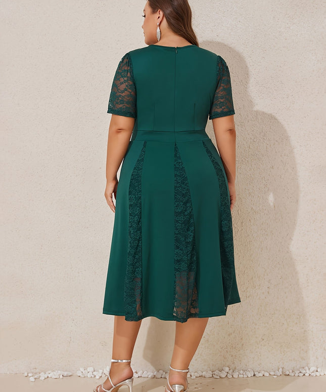 jkthpu-45 Plus Size Women V Neck Lace Patchwork Midi Dress Ladies Elegant Zipper A-line Ruffle Swing Cocktail Evening Prom Ball Gown Wedding Party Dress
