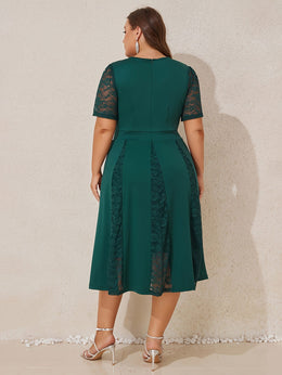 jkthpu-45 Plus Size Women V Neck Lace Patchwork Midi Dress Ladies Elegant Zipper A-line Ruffle Swing Cocktail Evening Prom Ball Gown Wedding Party Dress