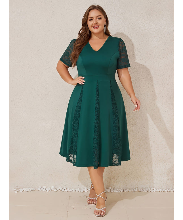 jkthpu-45 Plus Size Women V Neck Lace Patchwork Midi Dress Ladies Elegant Zipper A-line Ruffle Swing Cocktail Evening Prom Ball Gown Wedding Party Dress
