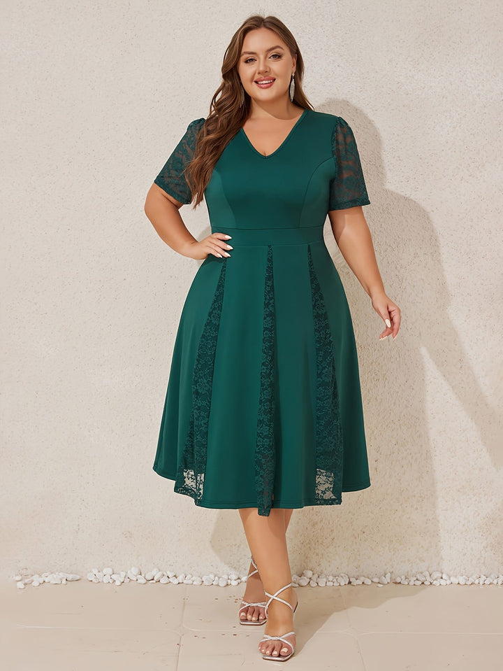 Plus Size Women V Neck Lace Patchwork Midi Dress Ladies Elegant Zipper A-line Ruffle Swing Cocktail Evening Prom Ball Gown Wedding Party Dress