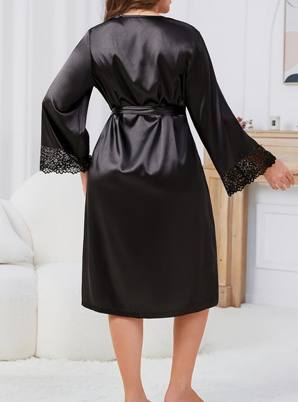 KissICON Plus Size Womens Elegant Lace Trim Robe -