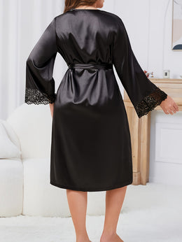 KissICON Plus Size Womens Elegant Lace Trim Robe -
