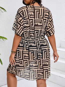 jkthpu-45 Plus Size Zebra Tropical VNeck Tie Waist Tankini CoverUp