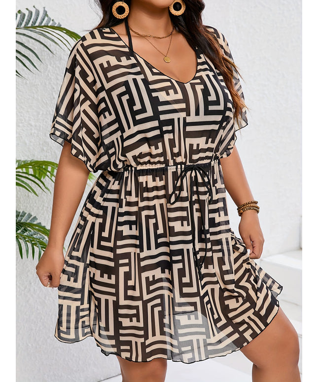 jkthpu-45 Plus Size Zebra Tropical VNeck Tie Waist Tankini CoverUp