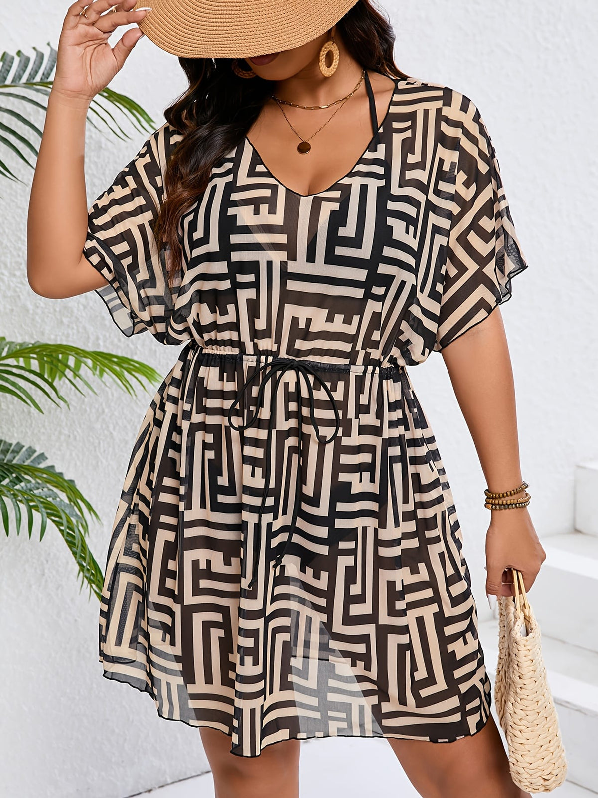 jkthpu-45 Plus Size Zebra Tropical VNeck Tie Waist Tankini CoverUp