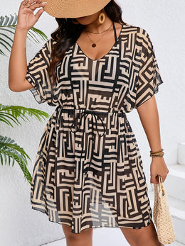 jkthpu-45 Plus Size Zebra Tropical VNeck Tie Waist Tankini CoverUp