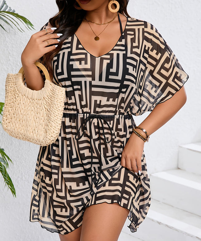 jkthpu-45 Plus Size Zebra Tropical VNeck Tie Waist Tankini CoverUp