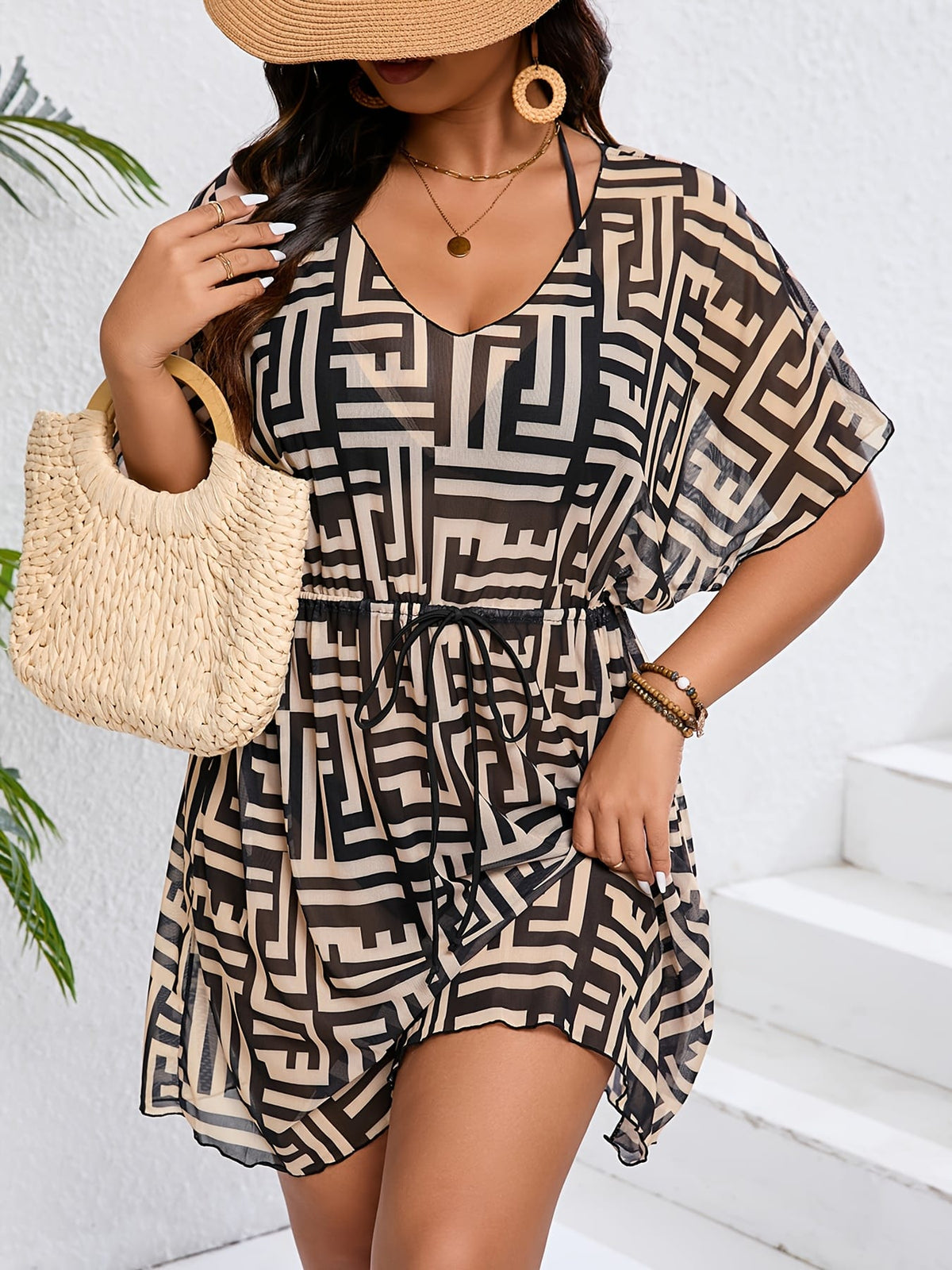 jkthpu-45 Plus Size Zebra Tropical VNeck Tie Waist Tankini CoverUp