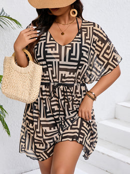 jkthpu-45 Plus Size Zebra Tropical VNeck Tie Waist Tankini CoverUp
