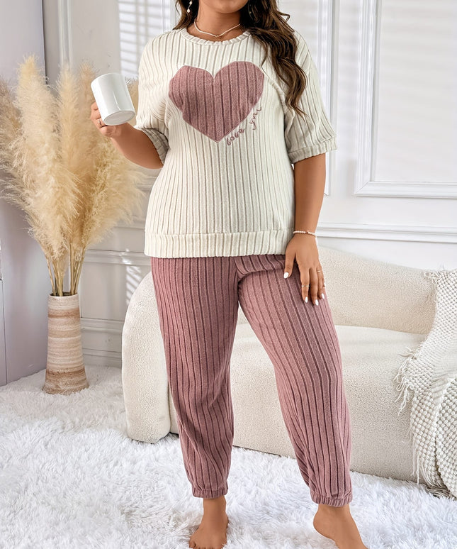 jkthpu-45 PlusSize Heart Embroidered Striped Pajama Set