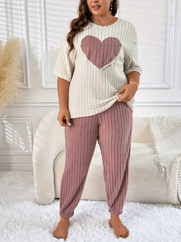 jkthpu-45 PlusSize Heart Embroidered Striped Pajama Set