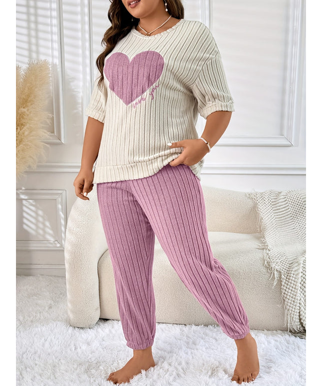 jkthpu-45 PlusSize Heart Embroidered Striped Pajama Set