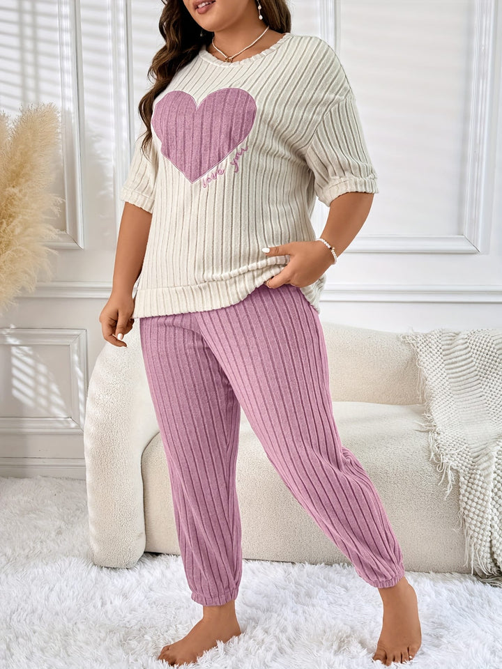 PlusSize Heart Embroidered Striped Pajama Set