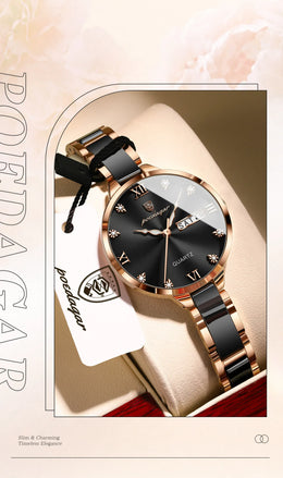 KissICON POEDAGAR Fashion Elegant Women Watches Week Date High Quality Waterproof Ladies Quartz Watch Stainless Steel Watch For Woman+Box
