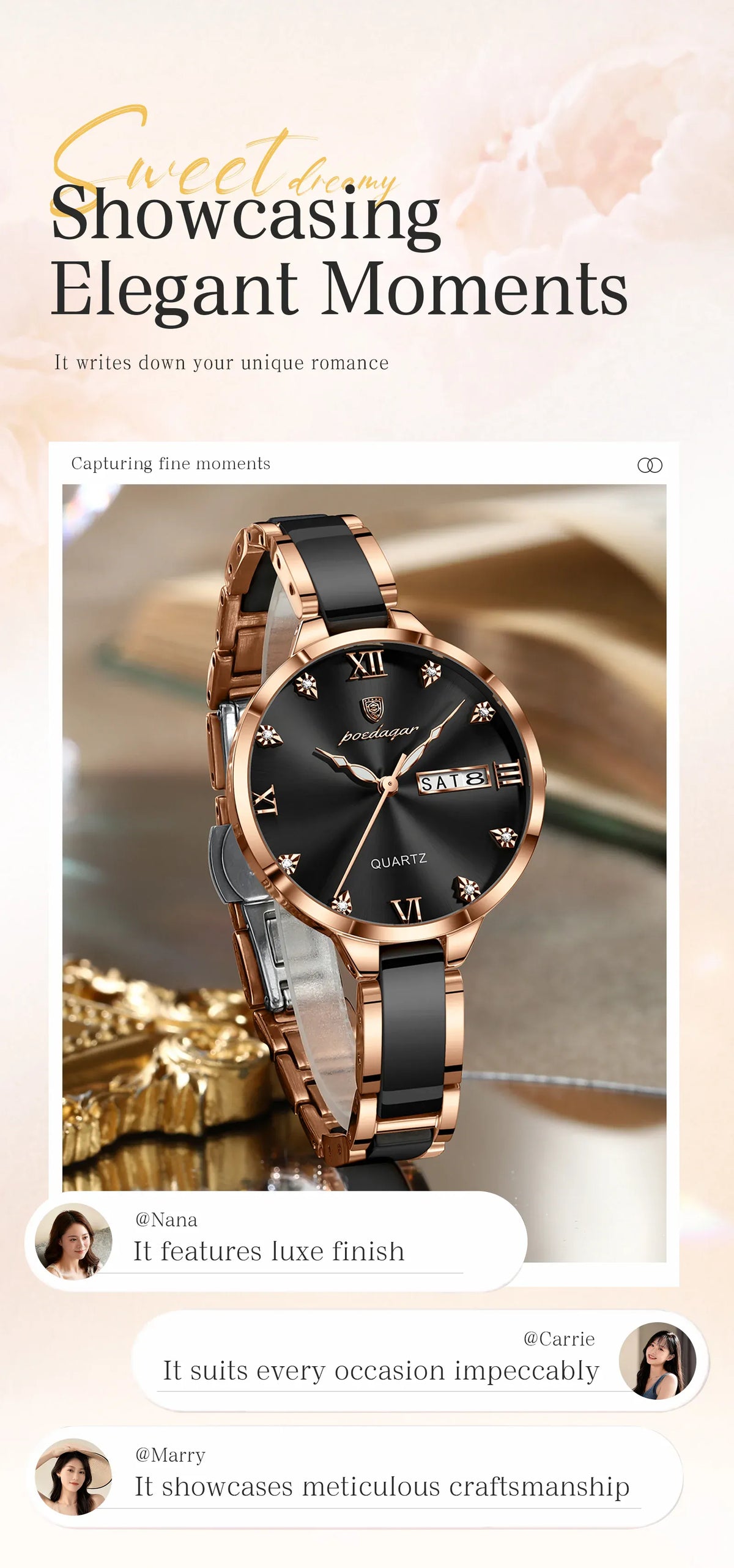 KissICON POEDAGAR Fashion Elegant Women Watches Week Date High Quality Waterproof Ladies Quartz Watch Stainless Steel Watch For Woman+Box